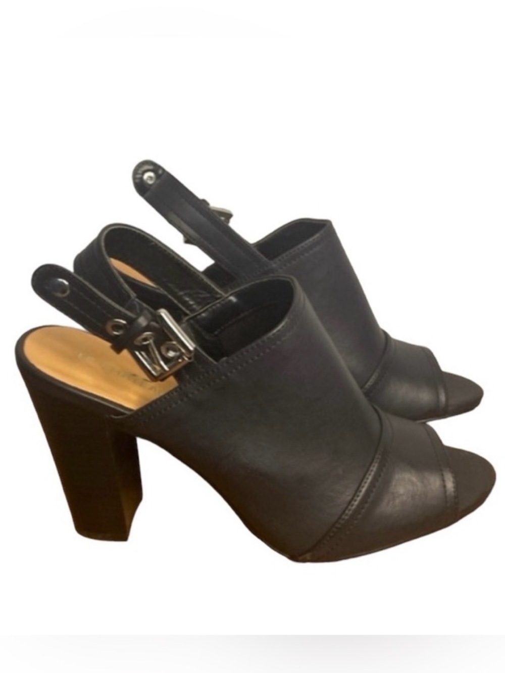 Le Château Black Faux Leather Sling Back Buckle Open Toe Sandals Size 8
